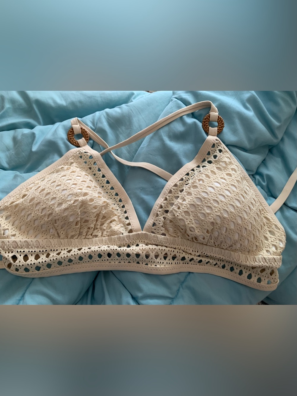 Robin Piccone Cream Crochet Triangle Bralette bikini top with Ring Accents